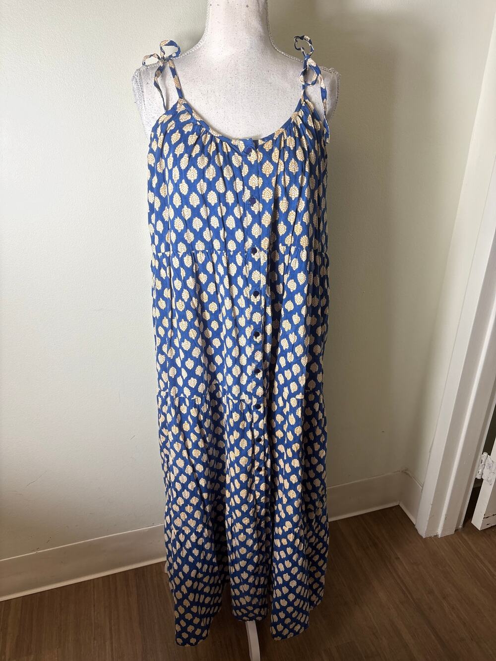 India Collection Blue Yellow Cotton Button UP Spaghetti Strap Maxi Dress Sz Xs/S